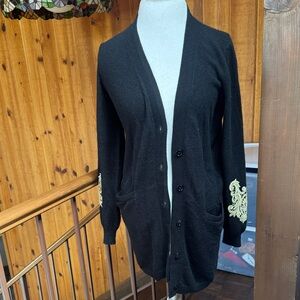Magaschoni 100% Cashmere Black Cardigan Sweater with Gold Embroidery